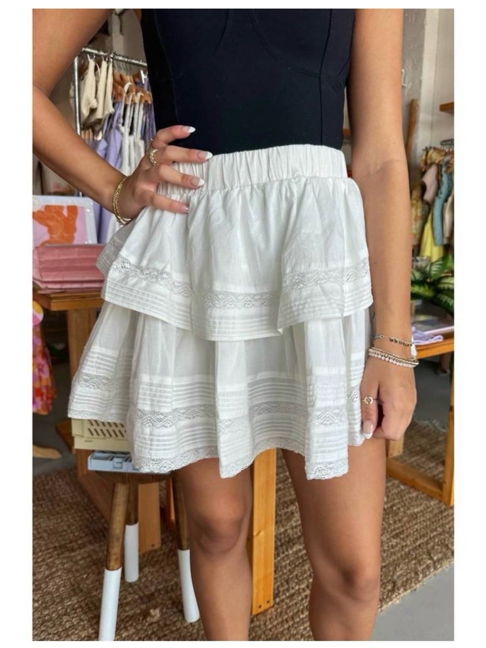 Mable Tiered Lace Ruffle Mini Skirt Boho Summer Boutique Romantic Beach Flirty